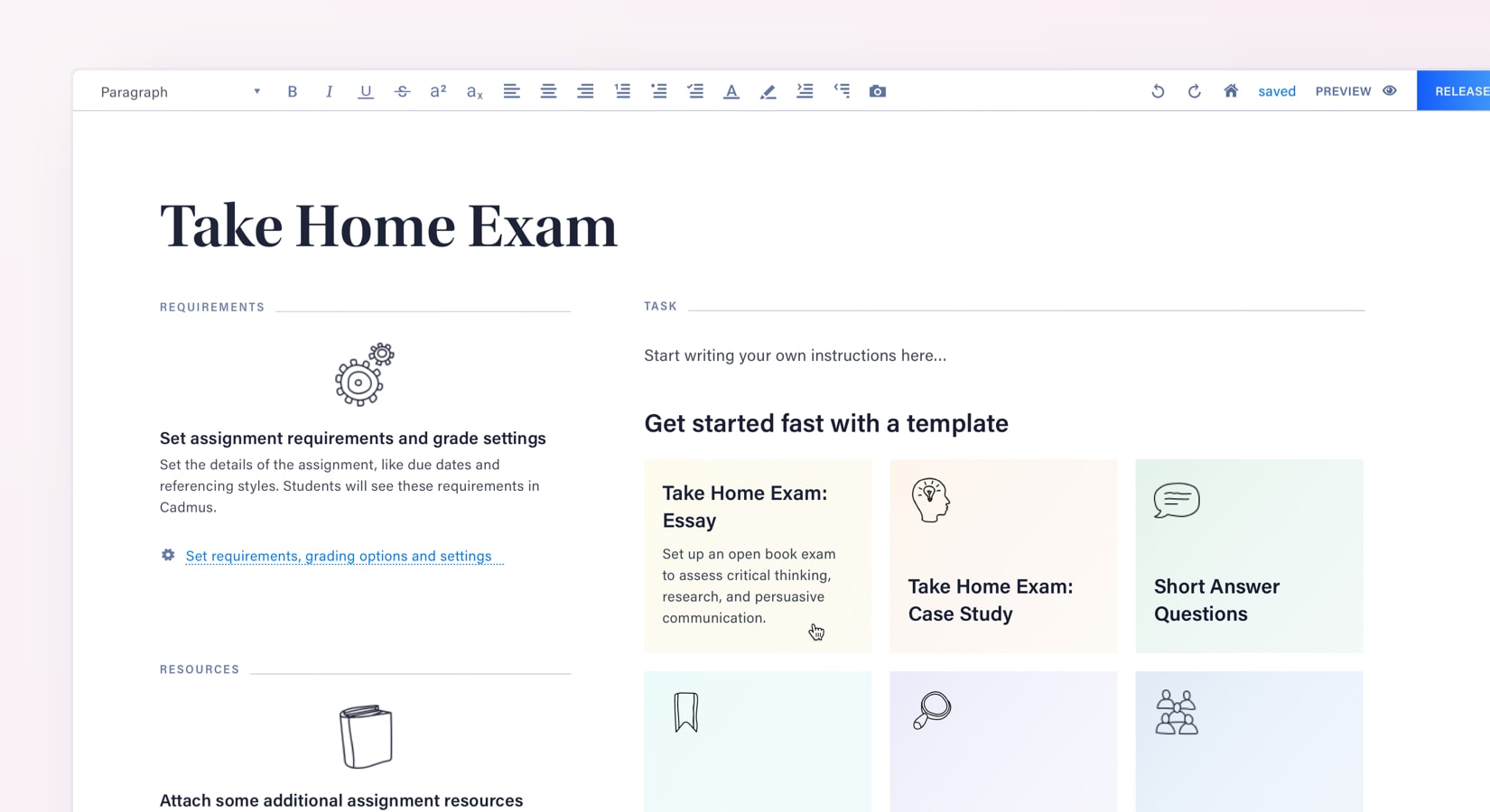 A screenshot of the Cadmus teacher environmnet. The cursor is hovering over a template button, showing how fast and easy it is to setup assessment in Cadmus.