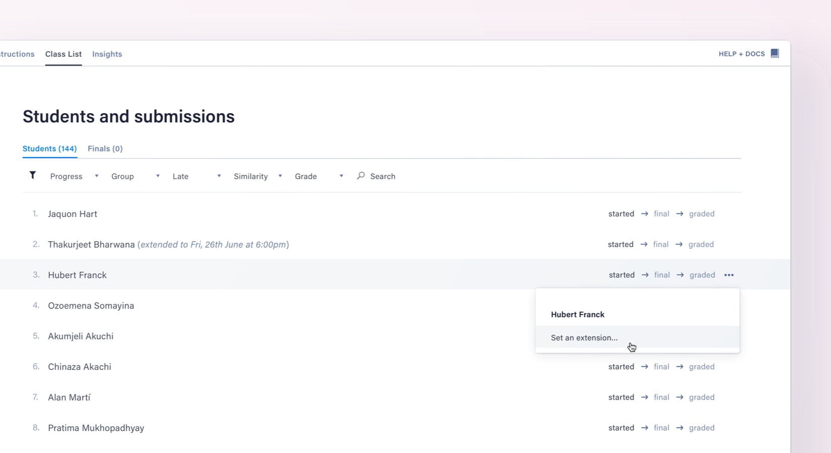 A screenshot of a teacher setting an extenstion for a student who has been granted special consideration.