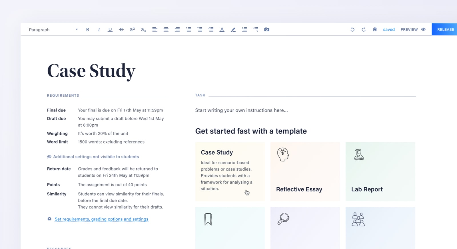 A screenshot of the Cadmus teacher environmnet. The cursor is hovering over a template button, showing how fast and easy it is to setup assessment in Cadmus.