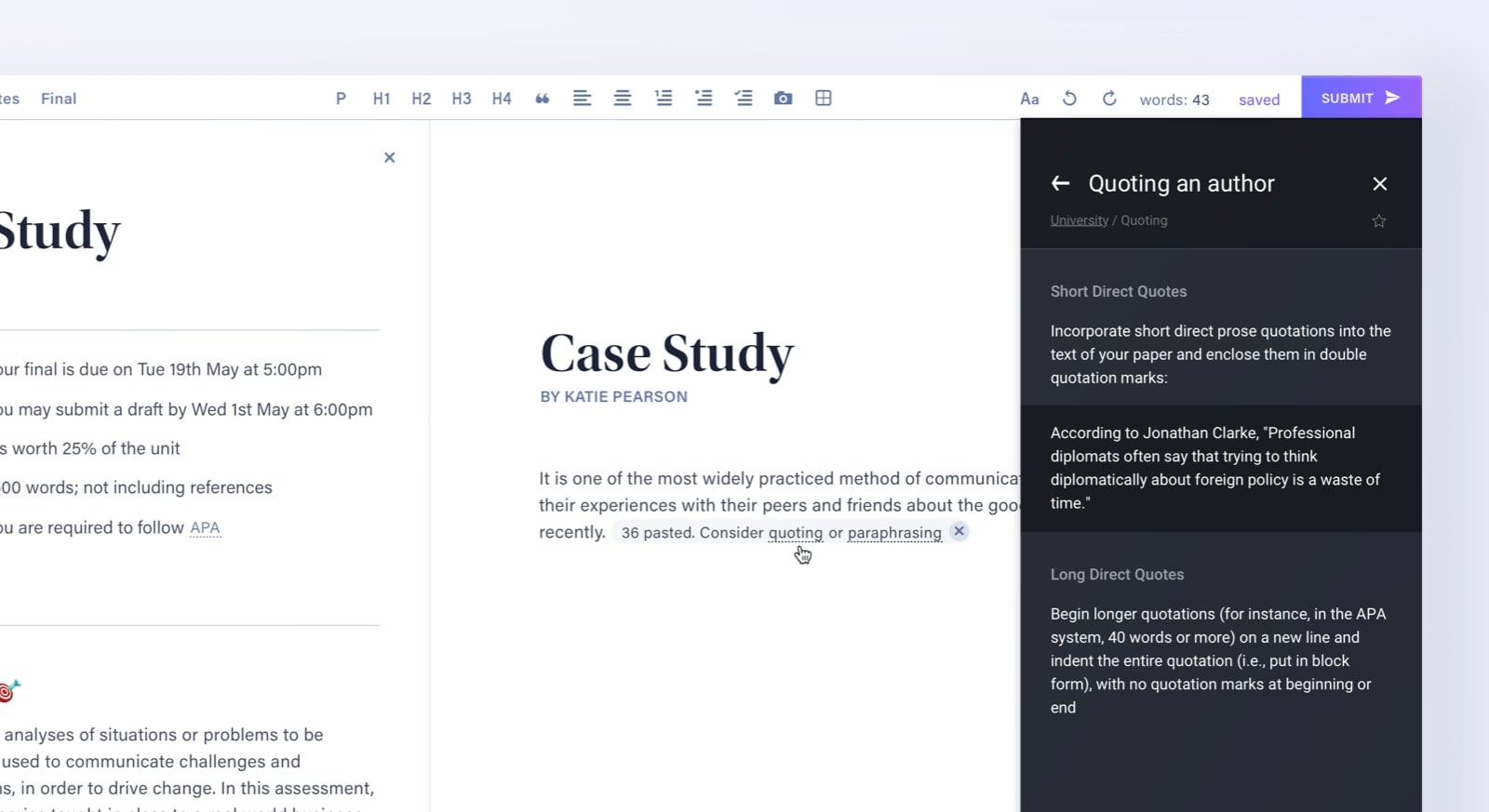 A screenshot of the Cadmus student environmnet. The cursor is hovering over a paste chip. Clicking it reveals Cadmus Manual with inbuilt referencing guides