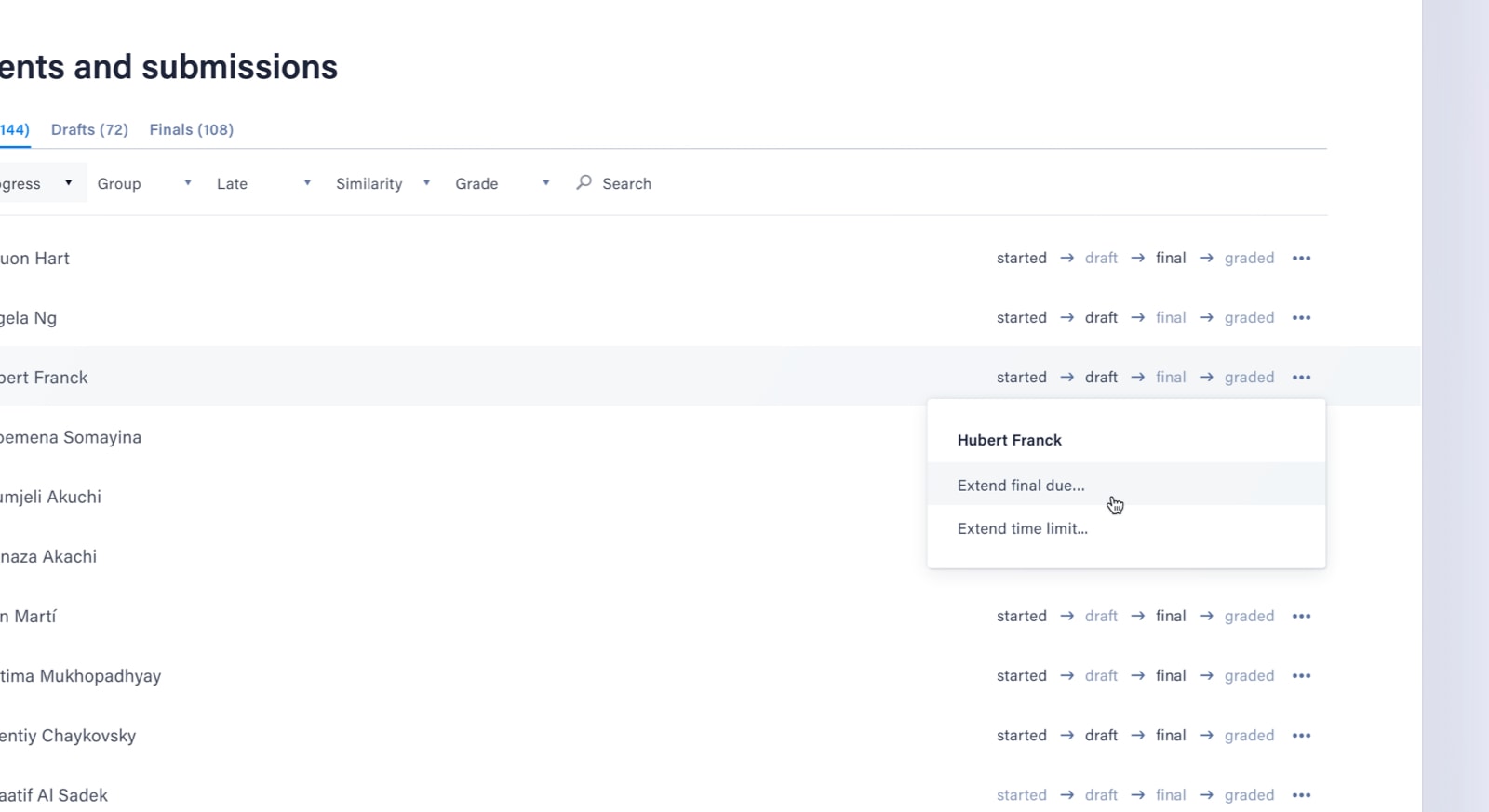A screenshot of a teacher setting an extenstion for a student who has been granted special consideration.