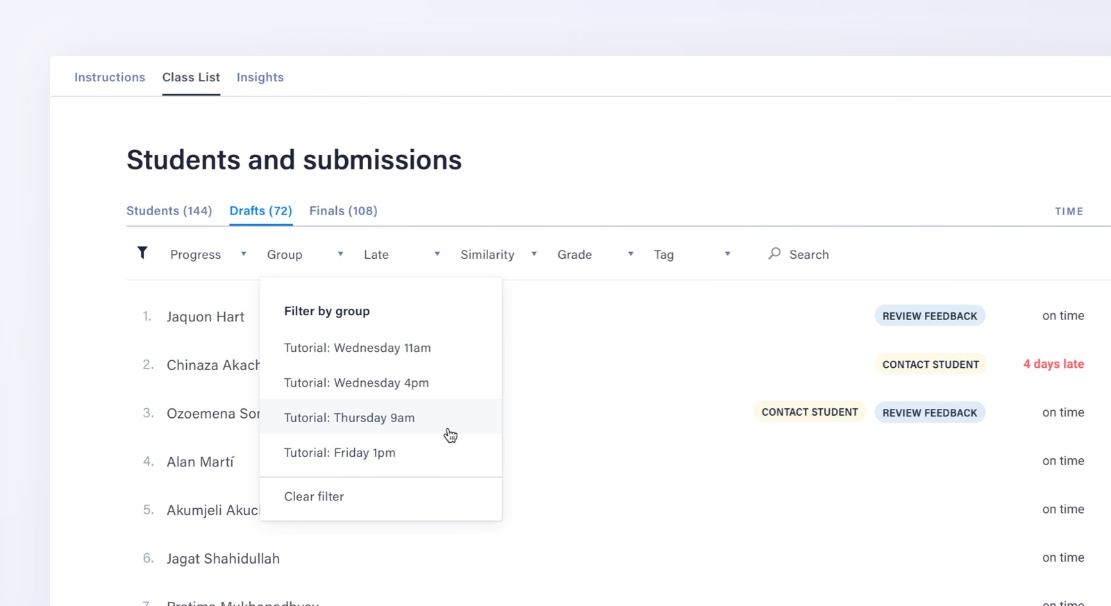 A screenshot of a teacher filtering the class list by grading groups. We can also see moderation tags next to the first three submissions.