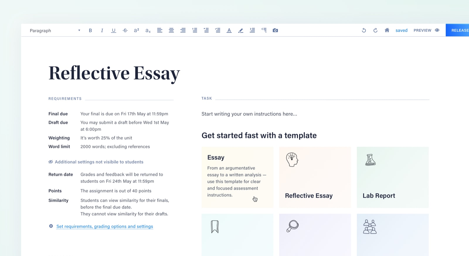 A screenshot of the Cadmus teacher environment. The cursor is hovering over a template button, showing how fast and easy it is to setup assessment in Cadmus.