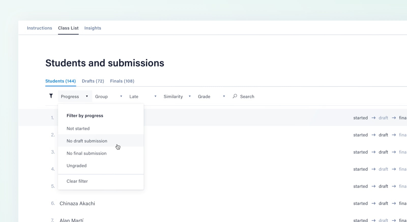 A screenshot of a teacher filtering the class list by the students' draft submission status.